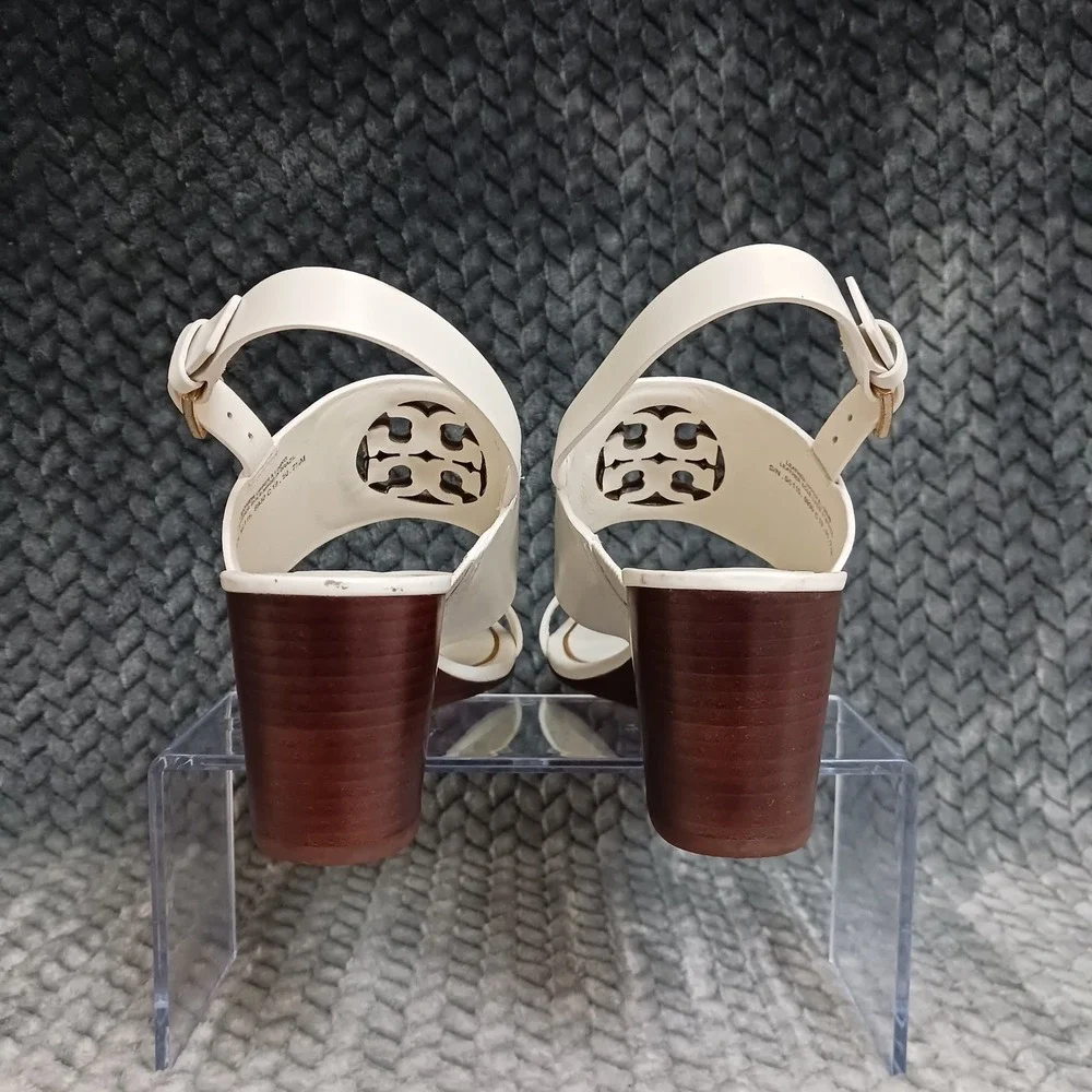 Tory Burch Cream Leather Wedge Sandals with Gold Logo - Picture 3 of 16